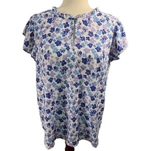 3/$27 Preswick & Moore Ruffle Collar & Sleeves, Keyhole Blouse, Purple Floral, M